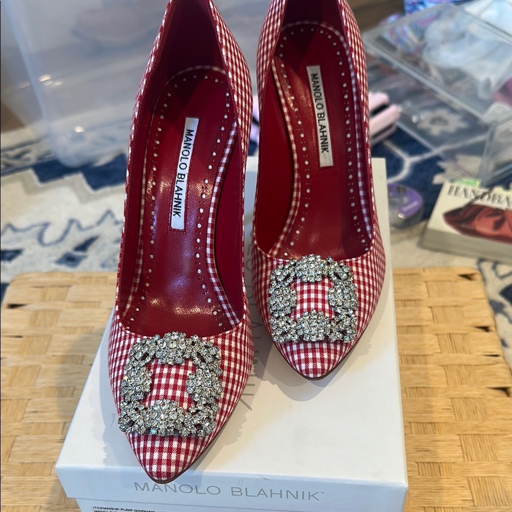 Manolo Blahnik Red Stiletto Heels with Gingham Detail